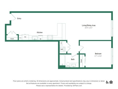 Floor plan for 1 bed, 1 bath, 856 sqft